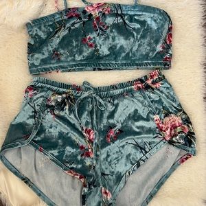 turquoise and pink booty shorts matching set.